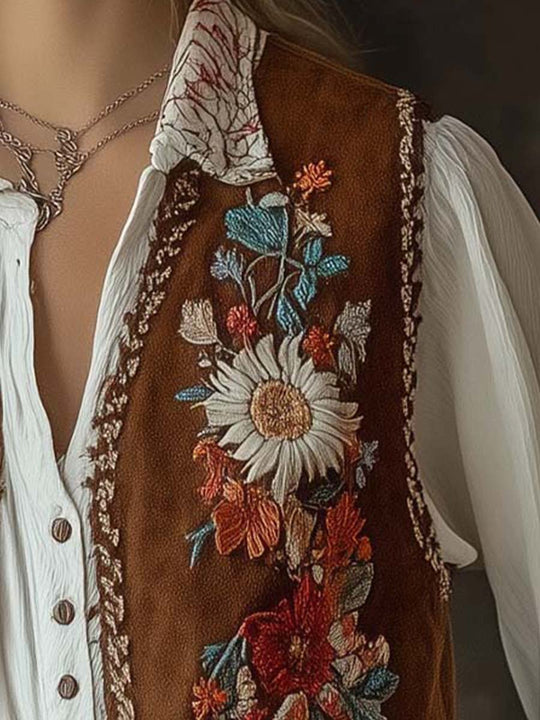 Women's Embroidered Vintage Suede Vest