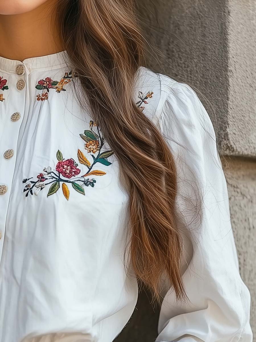 Women's Embroidered Cotton Long-sleeved Blouse