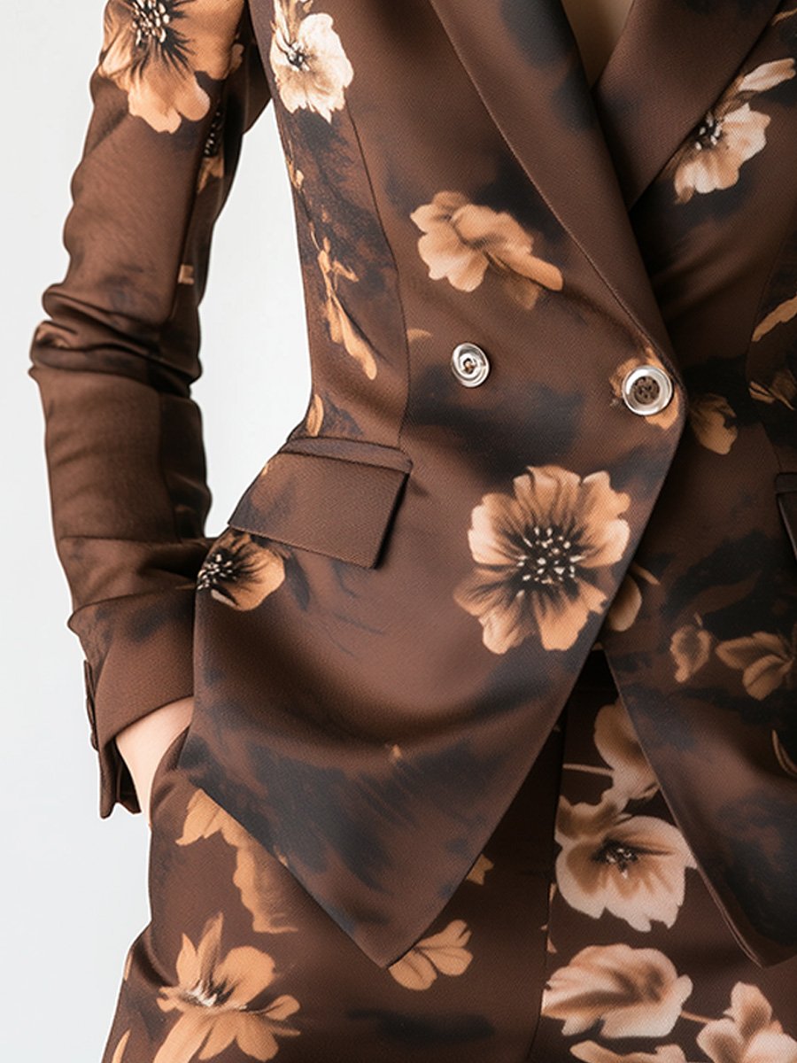 Women's Brown Lapel Satin Printed Blazer