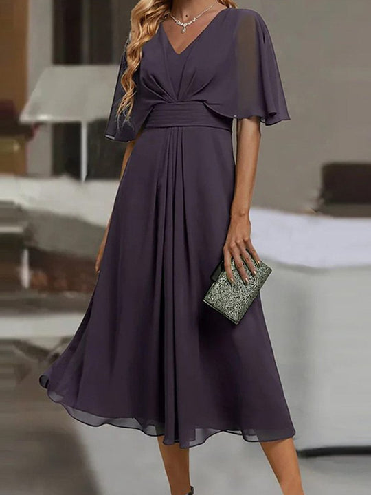 Elegant Chiffon V-Neck Short Sleeve Swing Dress