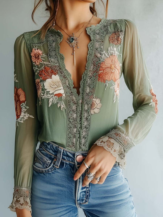 Bohemian Floral Printed Lace Blouse