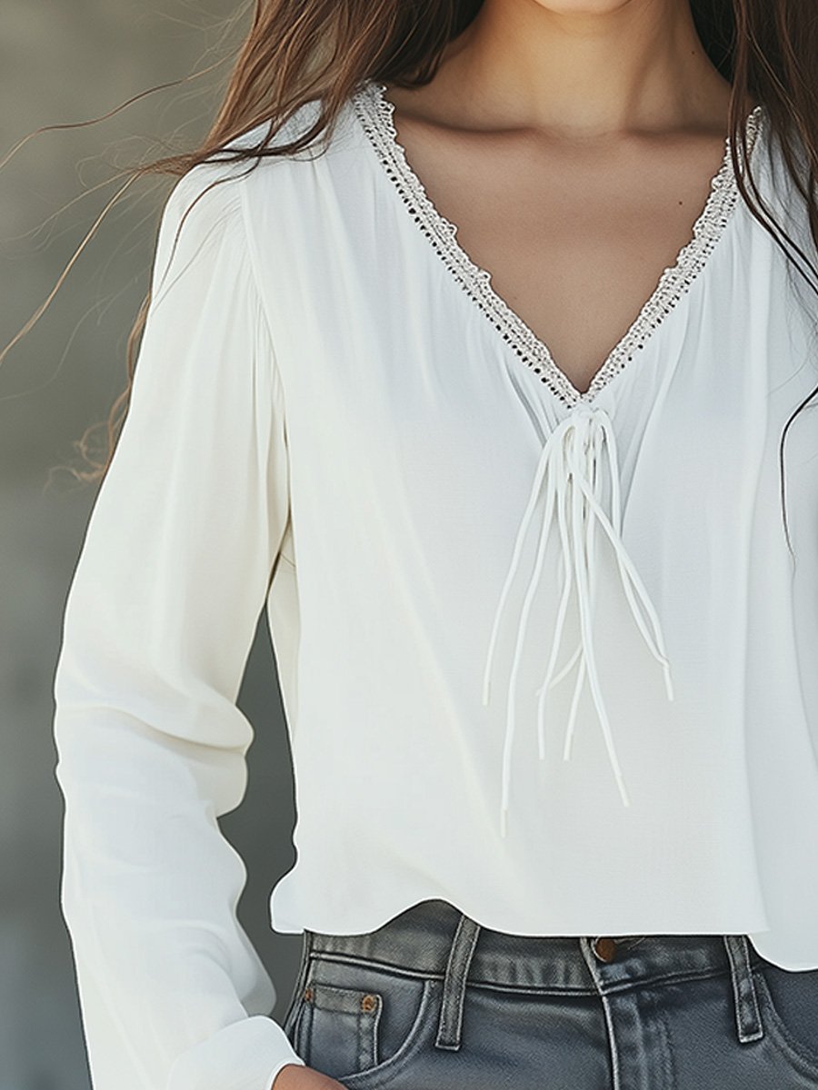 Minimalist V-Neck with Lace Trim and Flared Sleeves Blouse