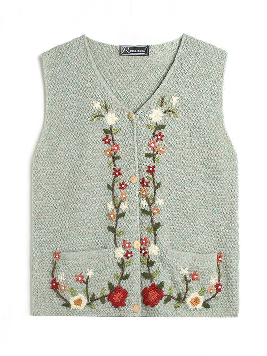 Wool Hand-embroidered Vintage V-neck Vest