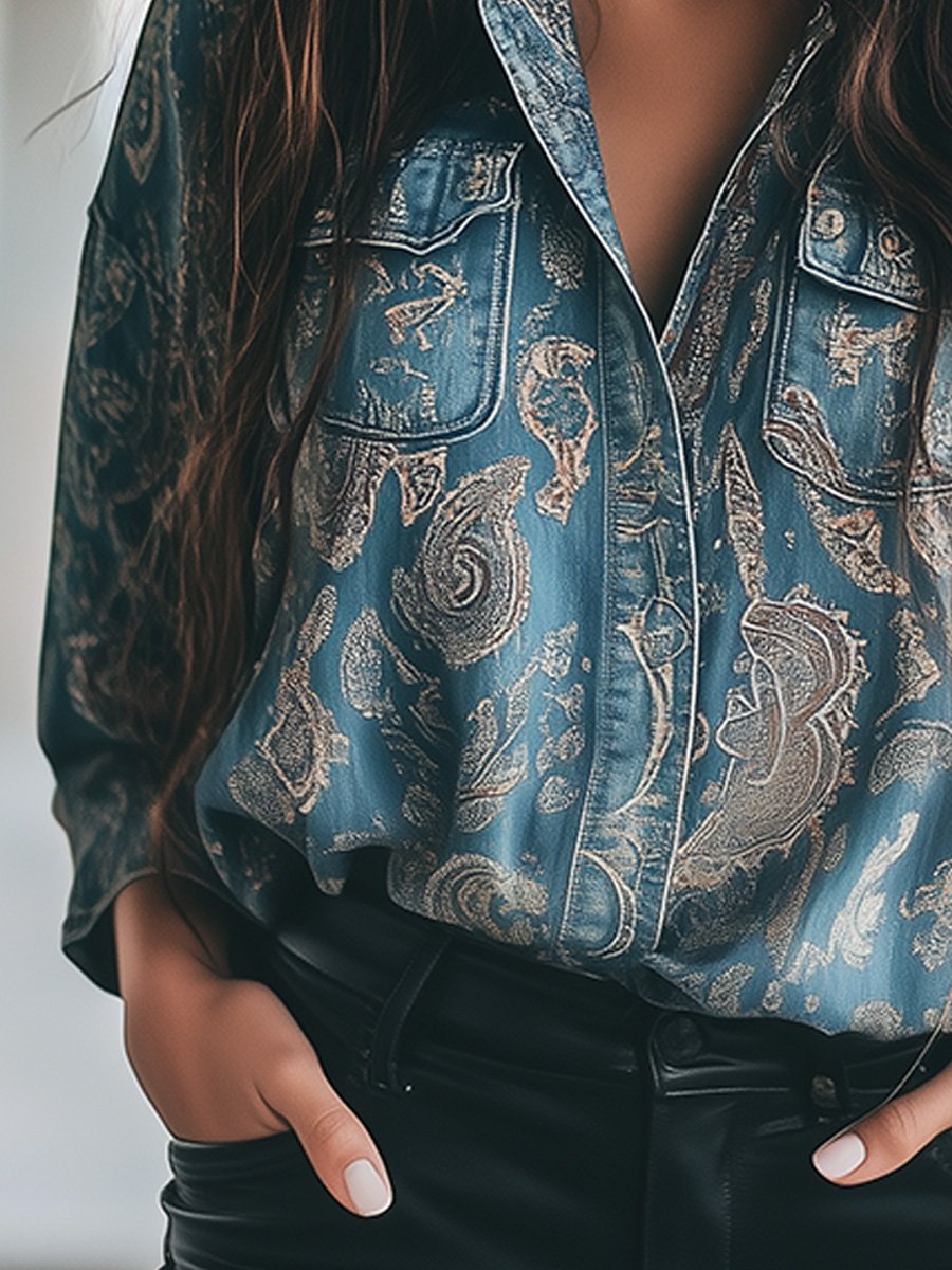 Casual Vintage Perris Print Denim Shirt