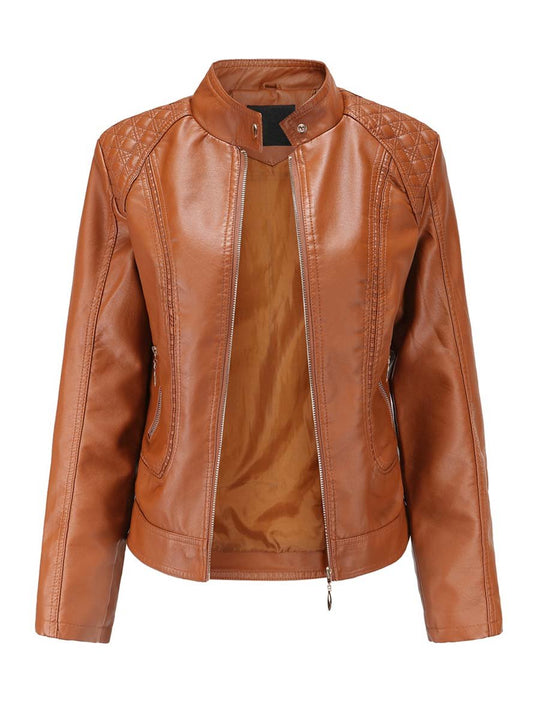 Women's Stand Collar Diamond Leather Biker Jacket