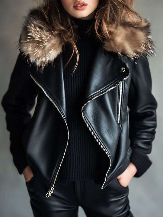 Women Detachable Fur Collar Zipper Sheepskin Jacket