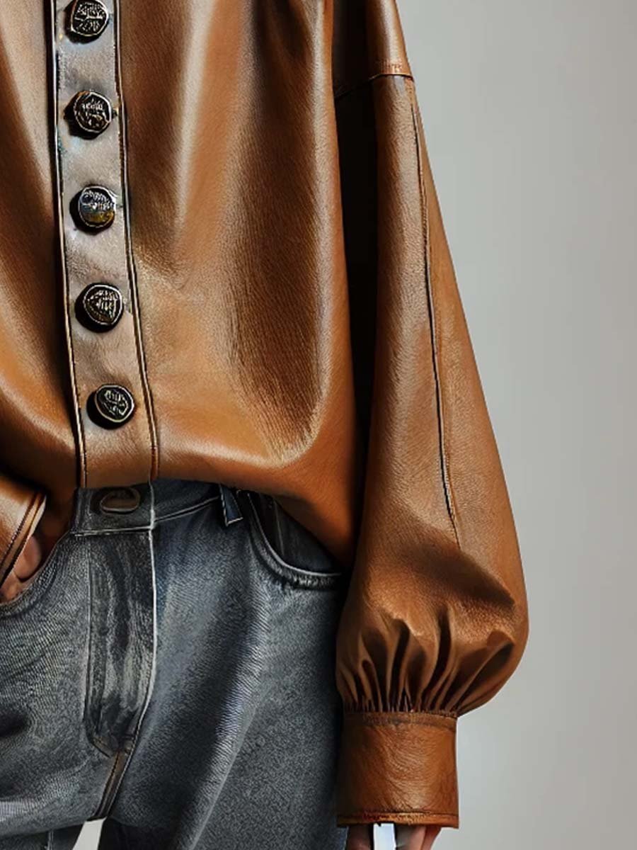 Women's Vintage Button-Down Leather Blouse