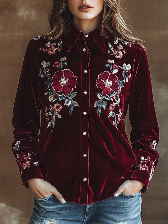 Elegant Red Velvet Embroidered Long Sleeve Shirt