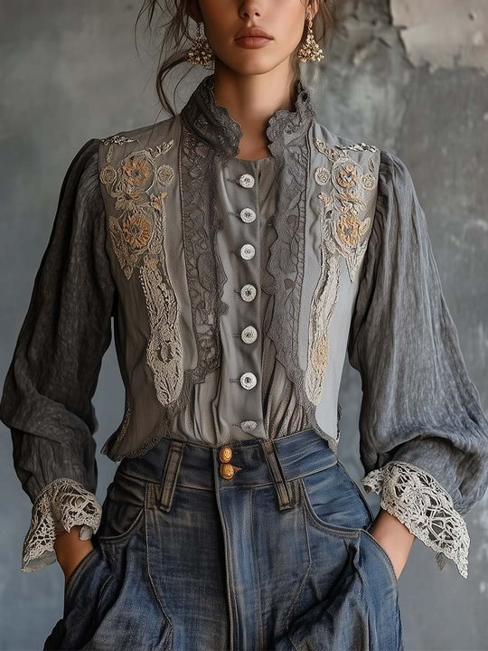 Vintage Grace Lace-Trimmed Button-Up Blouse