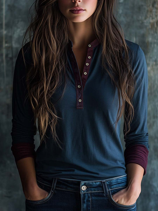 Women's Retro Distressed Contrast Henley Shirt