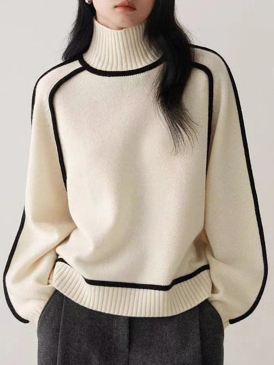 Contrast Color High Collar Raglan Sleeve Wool Sweater