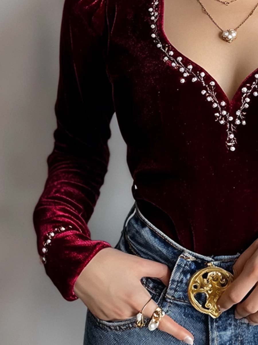 Women's Vintage Embroideried Collar Velvet T-Shirt