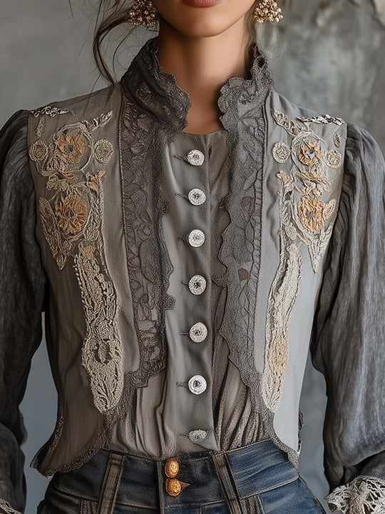 Vintage Grace Lace-Trimmed Button-Up Blouse