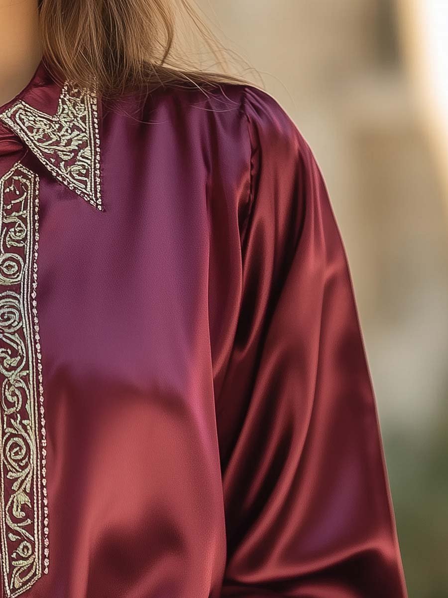 Women's Baroque Embroidery Long Sleeve Satin Shirt