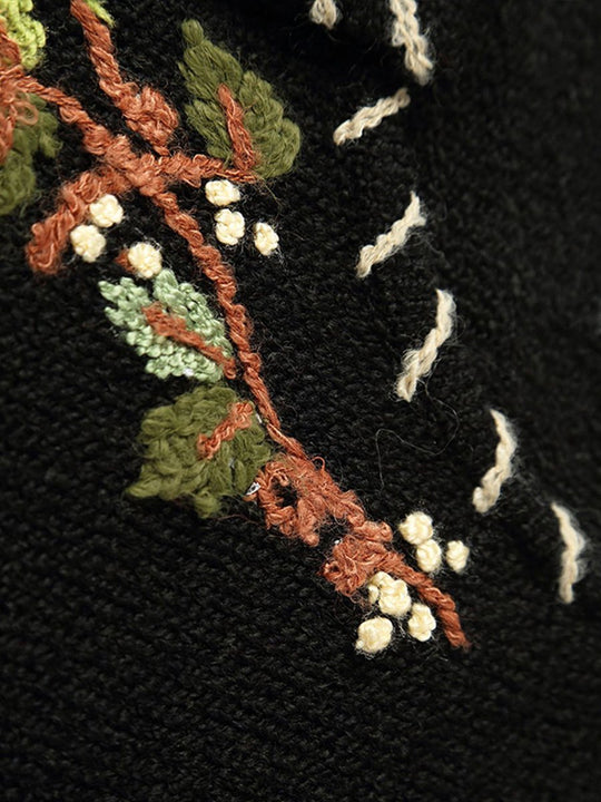 Vintage Black Round Neck Hand-embroidered Wool Cardigan