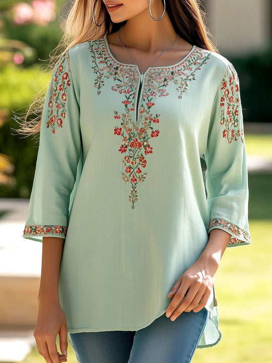 Ethnic V-neck Flower Embroidery Tunic Blouse