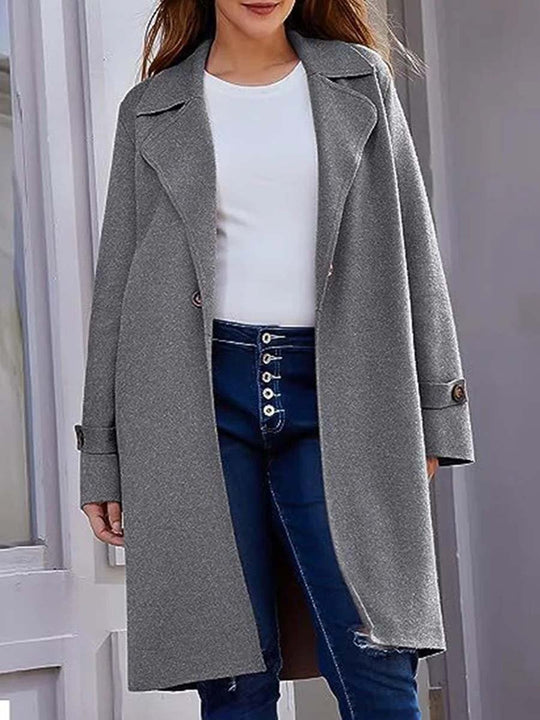 Ladies Long Sleeve Lapel Button Loose Woolen Coat