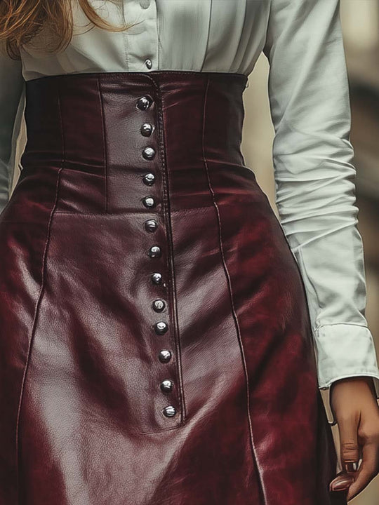 Vintage High Waist Buttons Leather Skirt