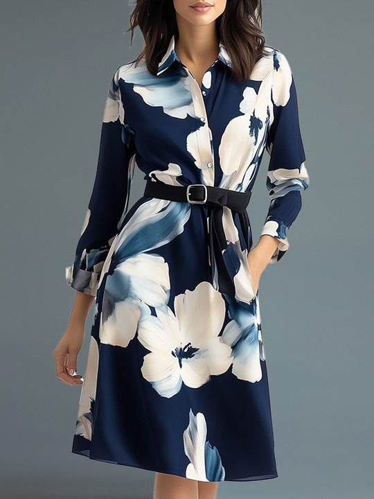 Fashion V-neck Blue Printed Waisted Mid-length Dress