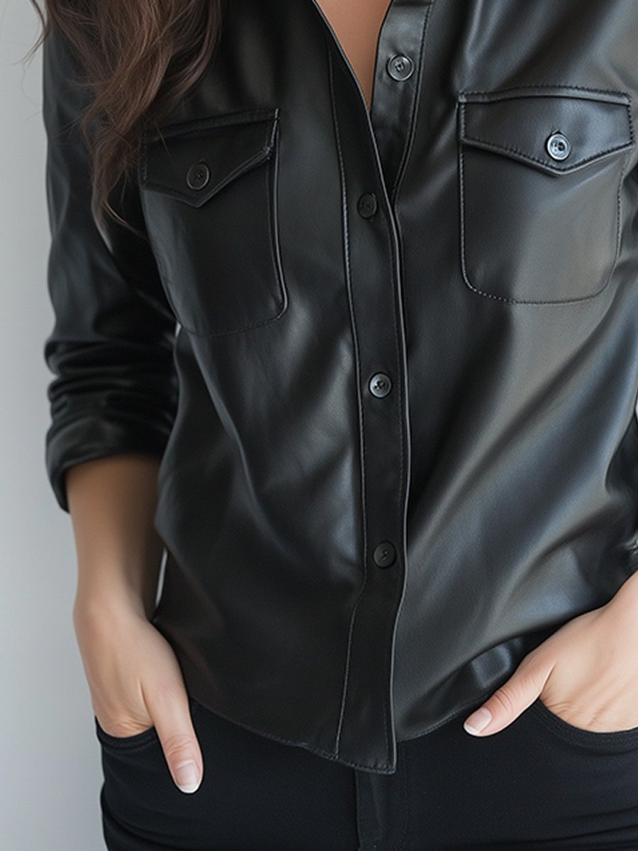 Casual Vintage Button Long Sleeve Leather Shirt