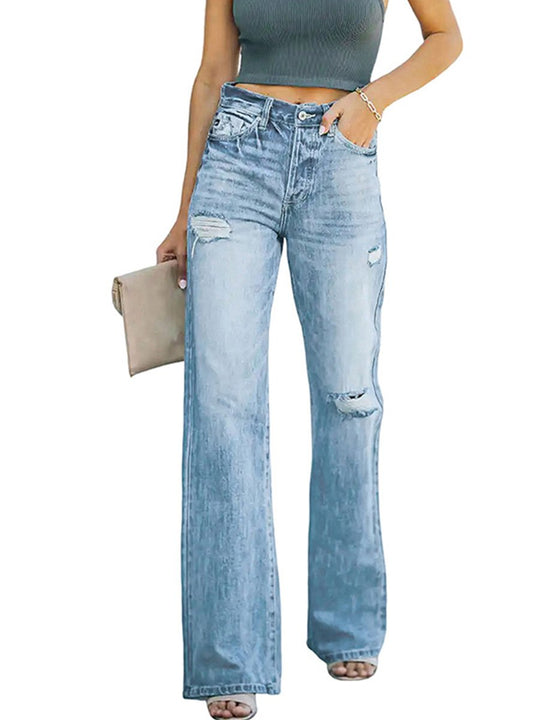 Stretch Washed Ripped Wide-leg Jeans