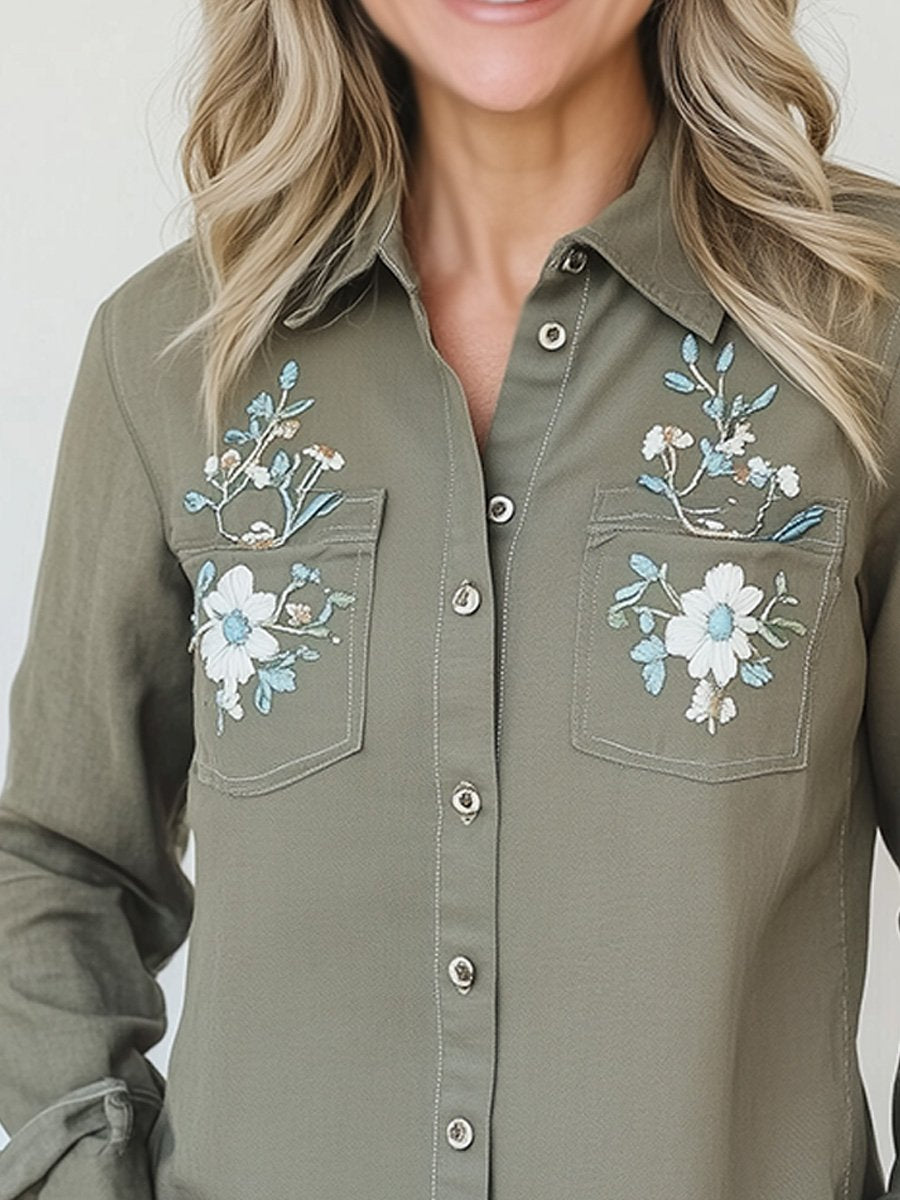 Fashion Retro Floral Embroidery Distressed Washed Work Shirt