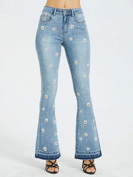 Chic Daisy Embroidered Slim-fit Flared Jeans