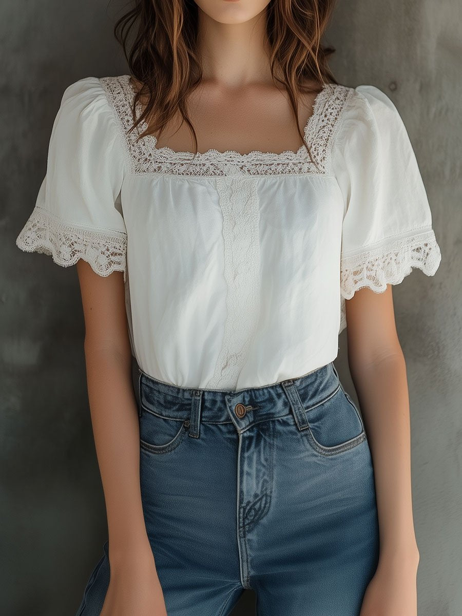 Boho Square Neck Lace Trim Cotton and Linen Blouse