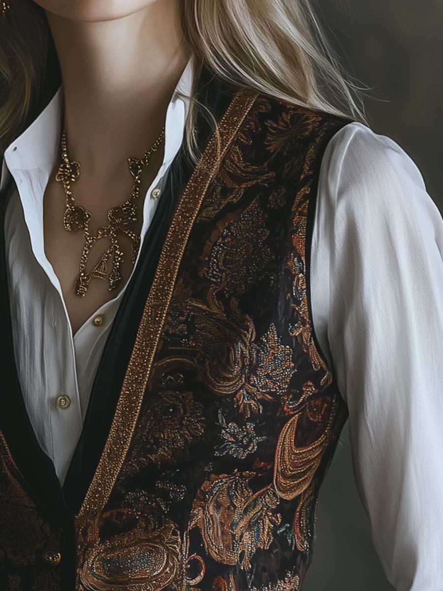 Womens Vintage Gold Trim Paisley Vest