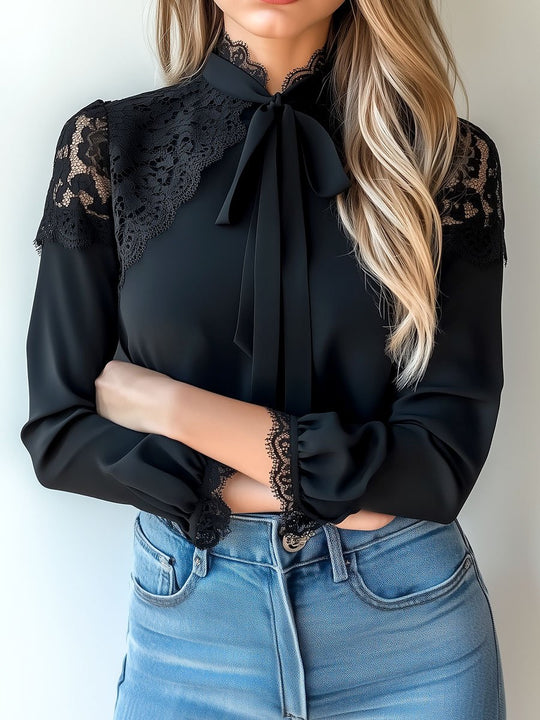 Retro Tie-neck Lace Patchwork Long Sleeve Chiffon Blouse