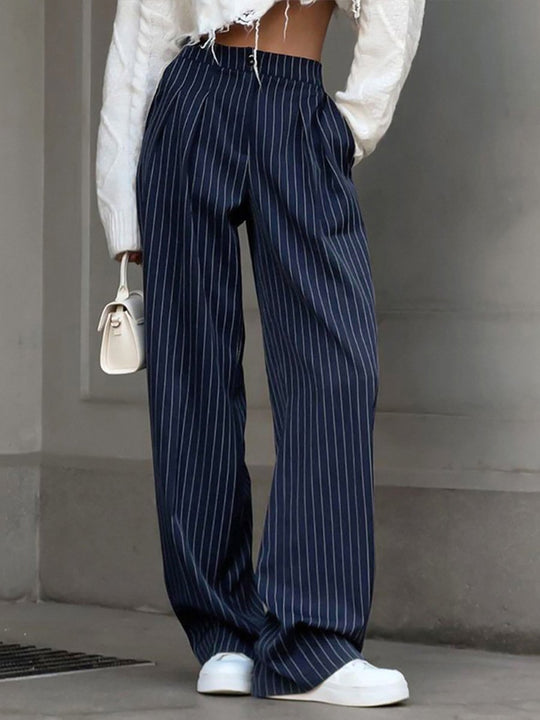 Casual Navy Blue Striped Wide-leg Pants