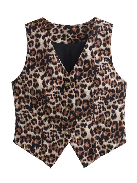 Women's Leopard Print V-Neck Casual Waistcoat