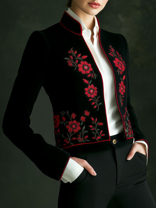 Ethnic Stand Collar Embroidery Velvet Jacket