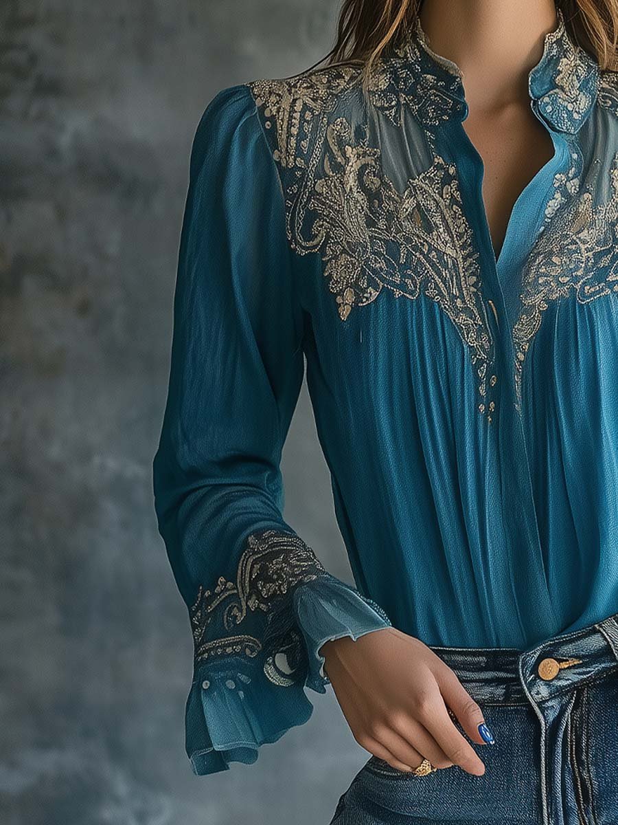 Enchanting Elegance Turquoise Embroidered Blouse