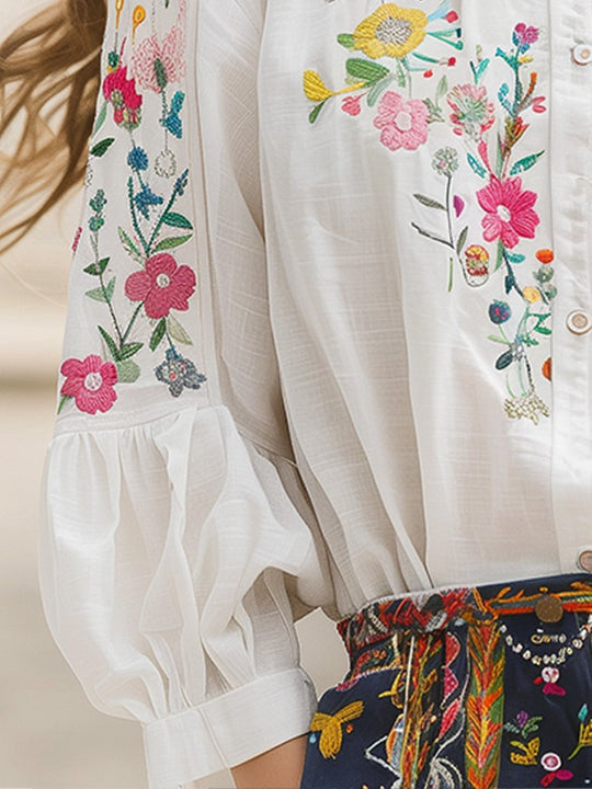 Cotton and Linen Floral Embroidery Long Sleeve Shirt