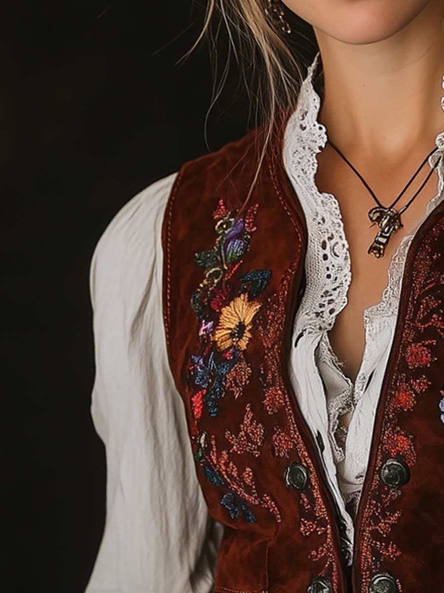 Women's Embroidered Trim Suede Vest