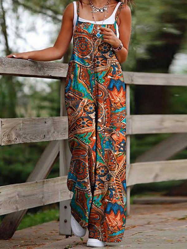 Fashion Printed Suspender Pocket Wide Leg Jumpsuit