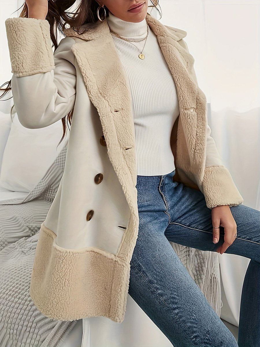 Apricot Lapel Lamb Wool Contrast Long Coat