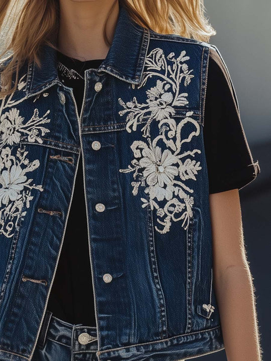 Boho-Chic Embroidered Denim Vest