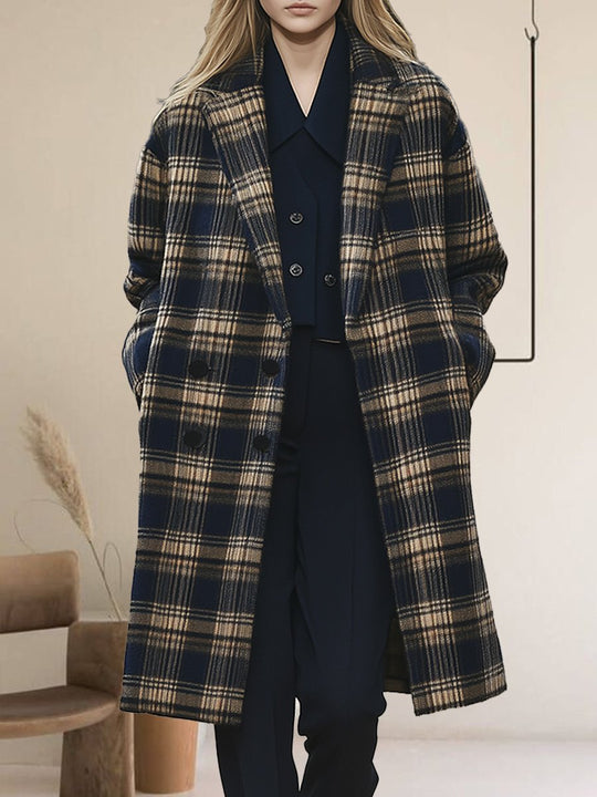 Stylish Lapel Checkered Wool Long Coat