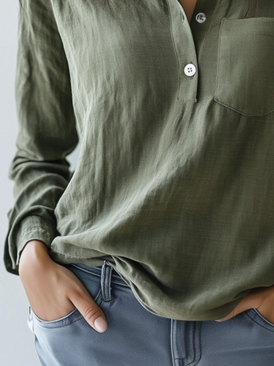 Green V-neck Cotton and Linen Pocket Everyday Long-sleeved Shirt