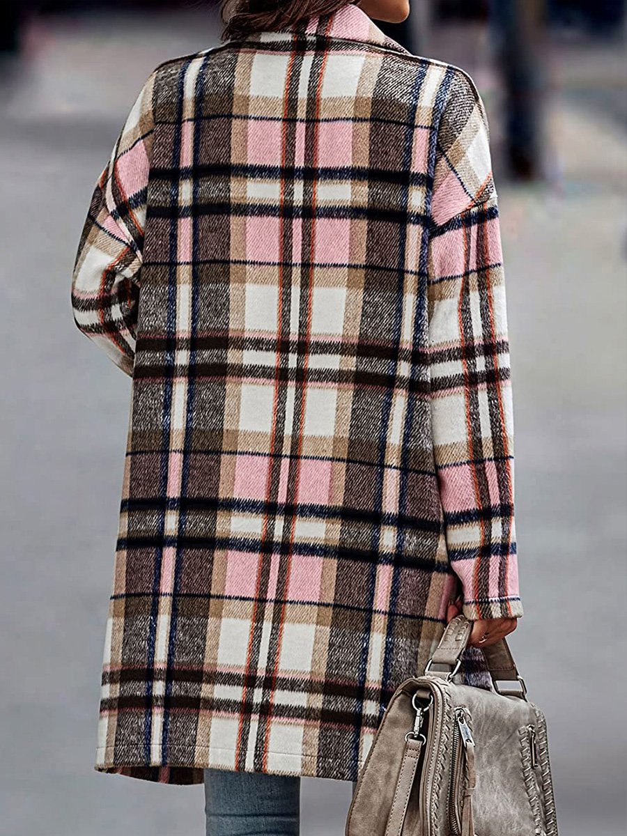 Ladies Lapel Pocket Plaid Wool Coat