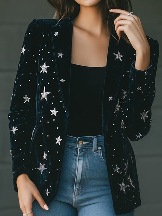 Fashion Retro Blue Velvet Star Print Blazer