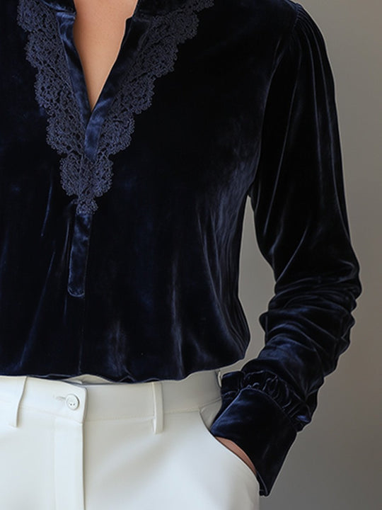 Velvet Lace V-Neck Long Sleeve Shirt