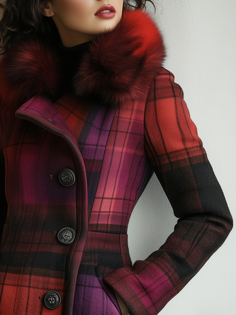 Retro Fur Collar Plaid Wool Slim Mid-length Coat