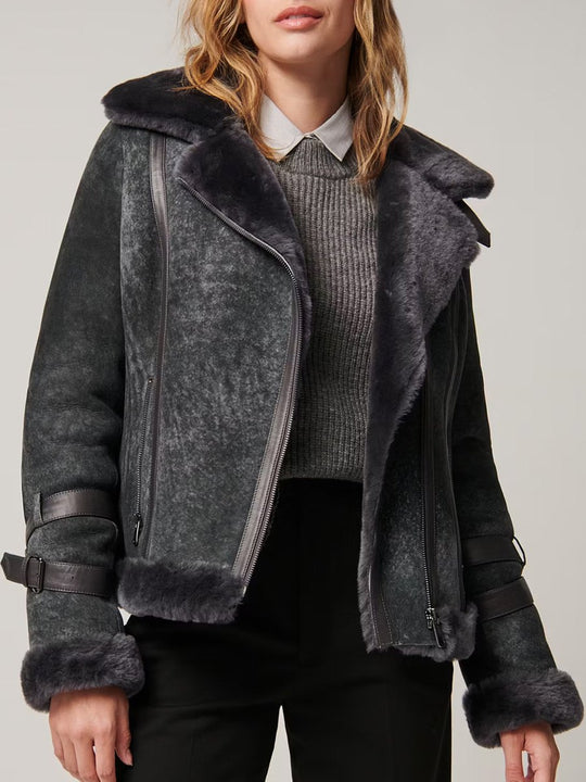 Fashionable Fur Collar Warm Sheepskin Bomber Jacket