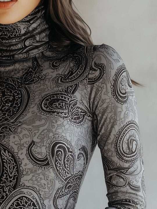 Women's Vintage Paisley Turtleneck Long Sleeves T-Shirt