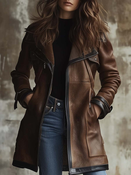 Women's Vintage Contrast Collar Leather Jacket