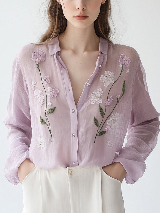 Elegant Lavender Floral Embroidered Button-Down Blouse