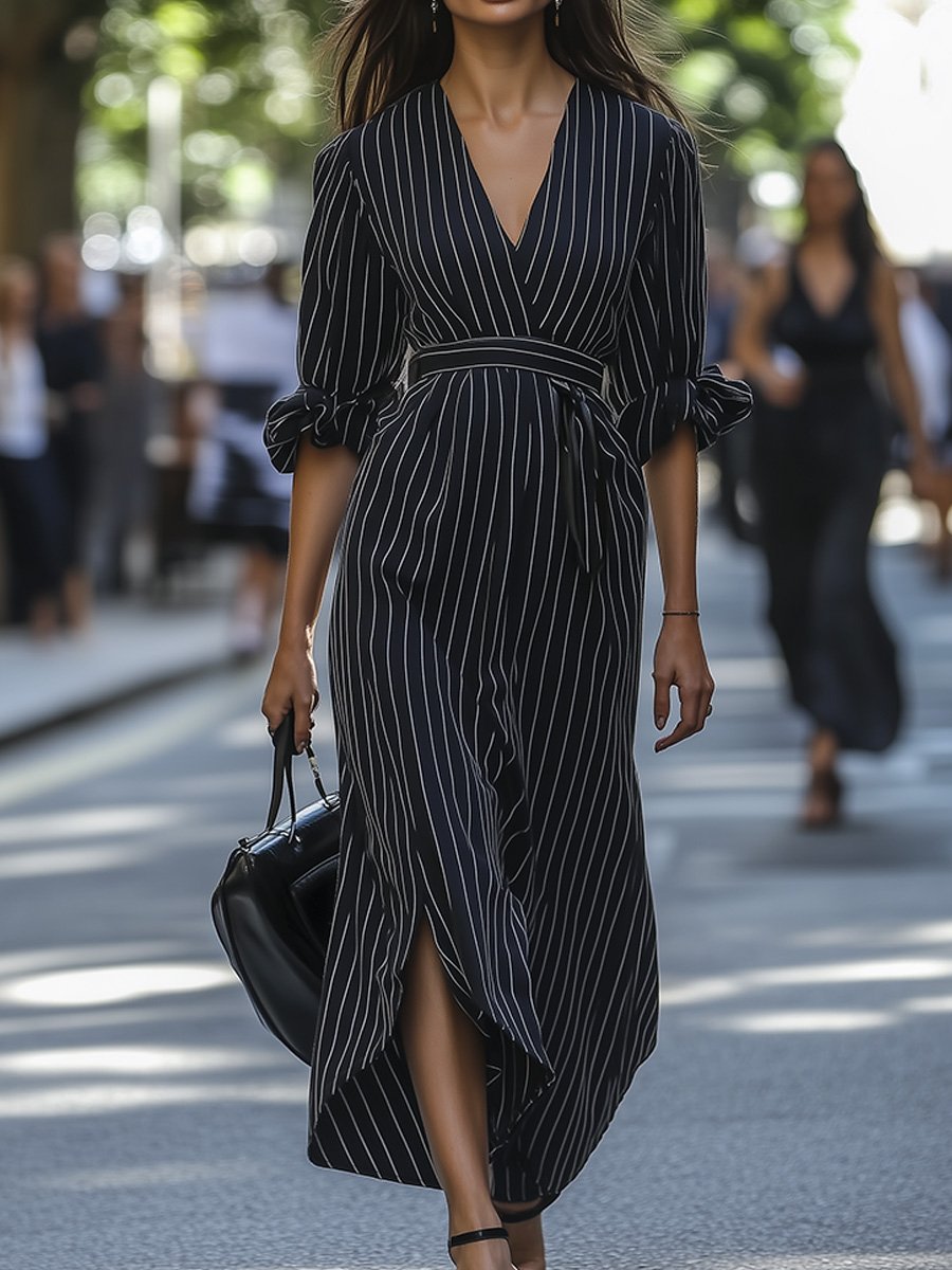 Casual Striped Commuting Waist Long-sleeved Maxi Dress